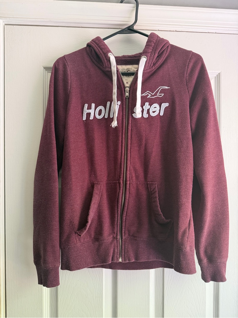 Hollister Burgundy Zip Hoodie with White Drawstrings